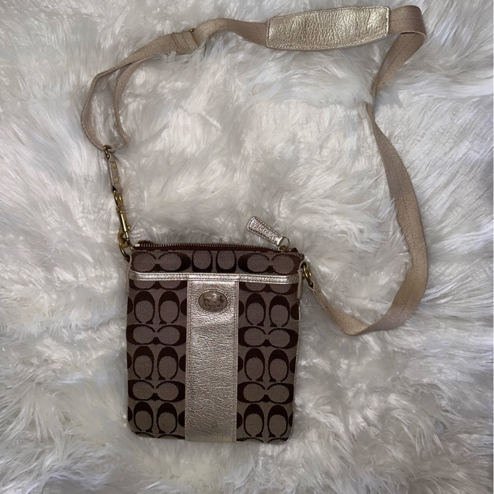 Coach tan/brown signature crossbody bag with gold metallic accent